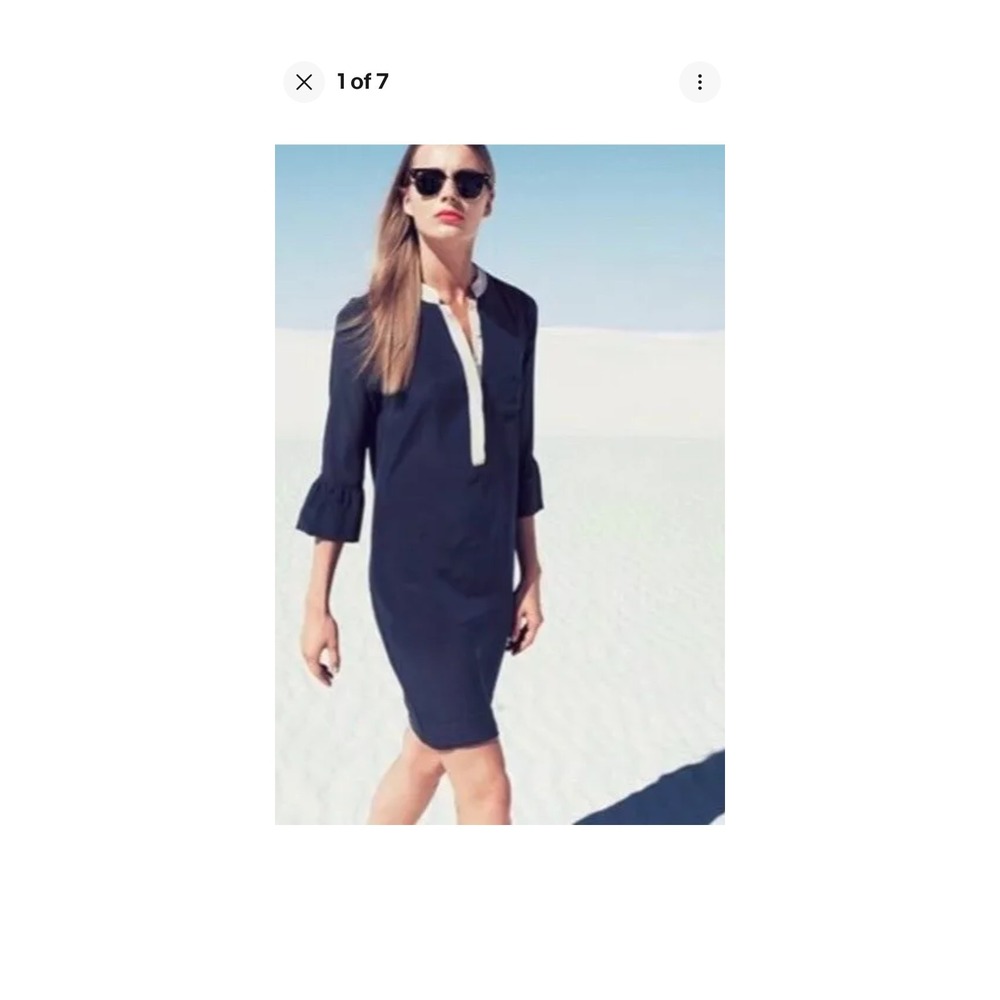 J.Crew Dress 2‎ Navy Blue Silk Color-block Piped Popover Shift Shirtdress